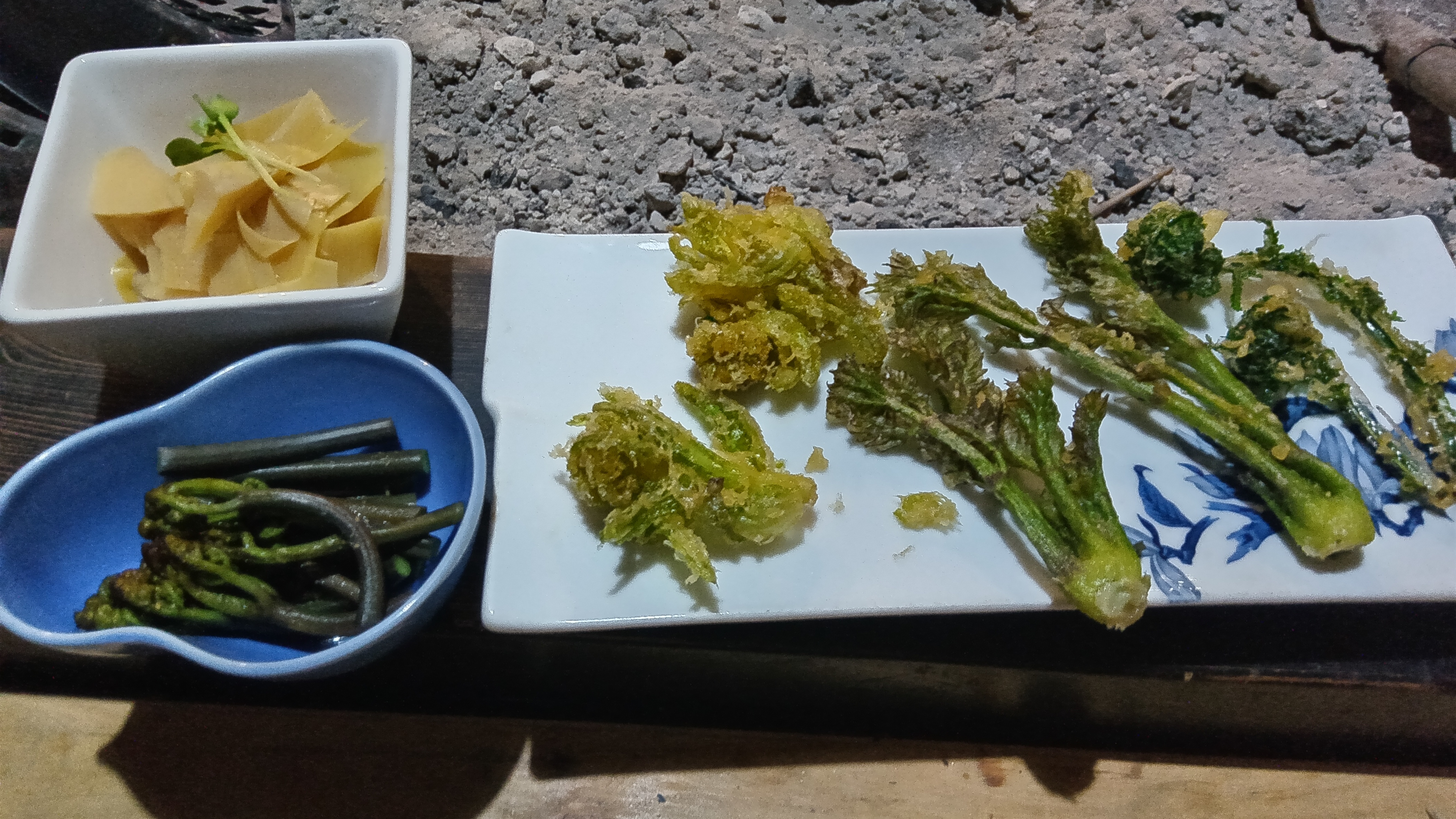 山菜（ふきのとう、タラの芽、こごみ）の天ぷら、わらび、たけのこ
