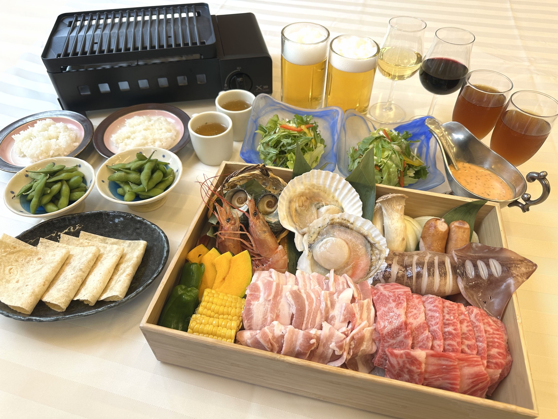 ☆やまゆりビーフポーク＆海鮮BBQプラン☆飲み放題＆フードバー付きの満足プラン！室内開催で快適ＢＢＱ