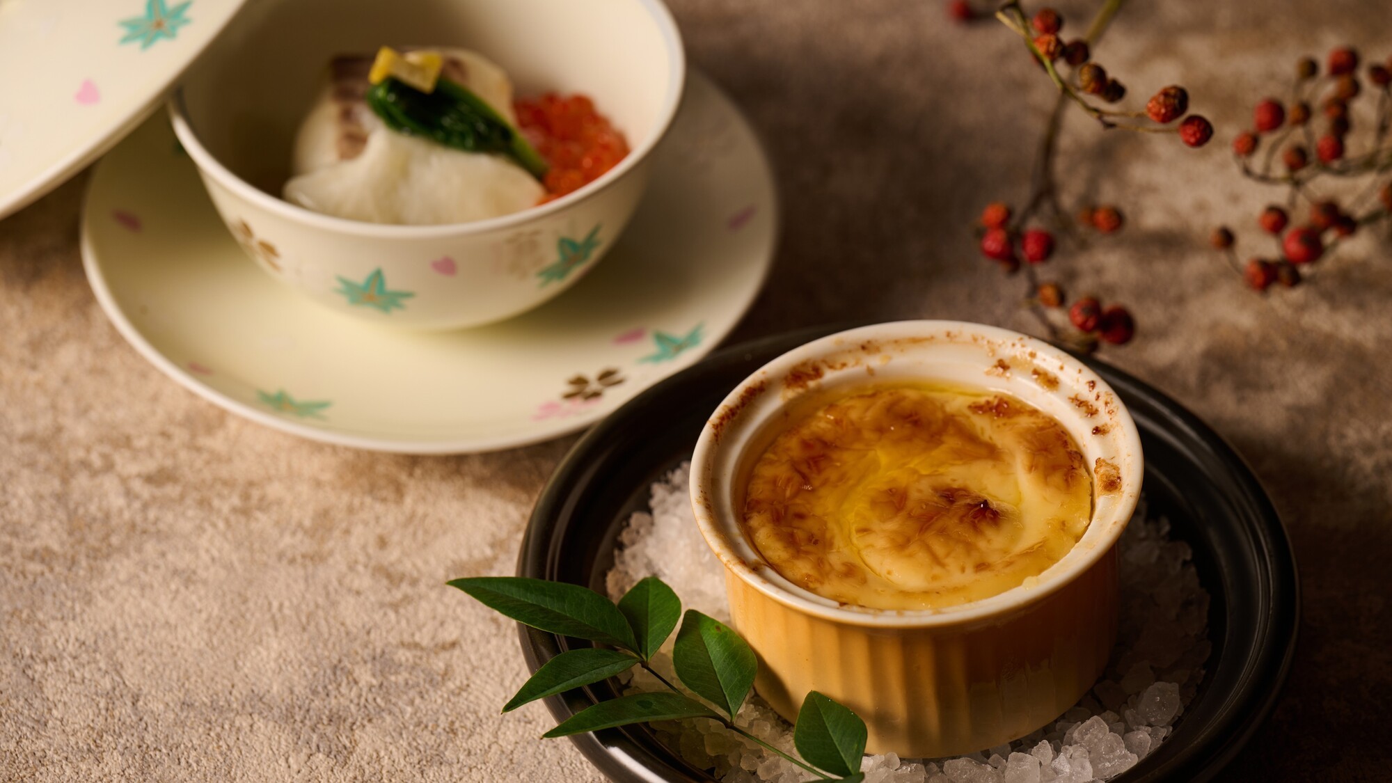 寒平目 淡雪蕪羅蒸しと蕪と帆立の味噌素焼