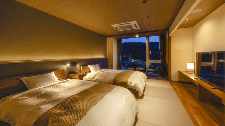 【モダン和洋室】心地よい琉球畳に、上質な眠りを追求したシモンズベッドを採用しております。