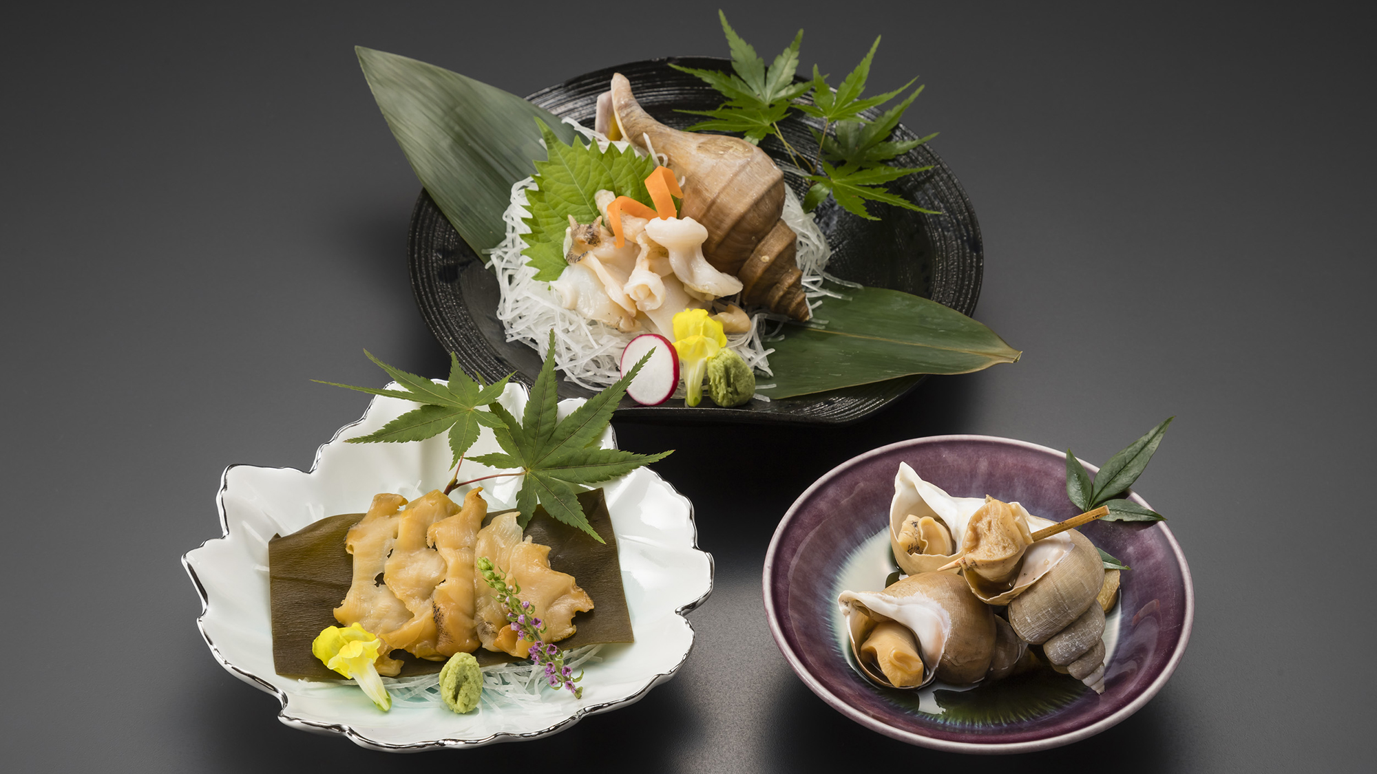 【事前予約料理】バイ貝食べ比べ三種（刺身・昆布〆・旨煮）　※5日前までのご予約