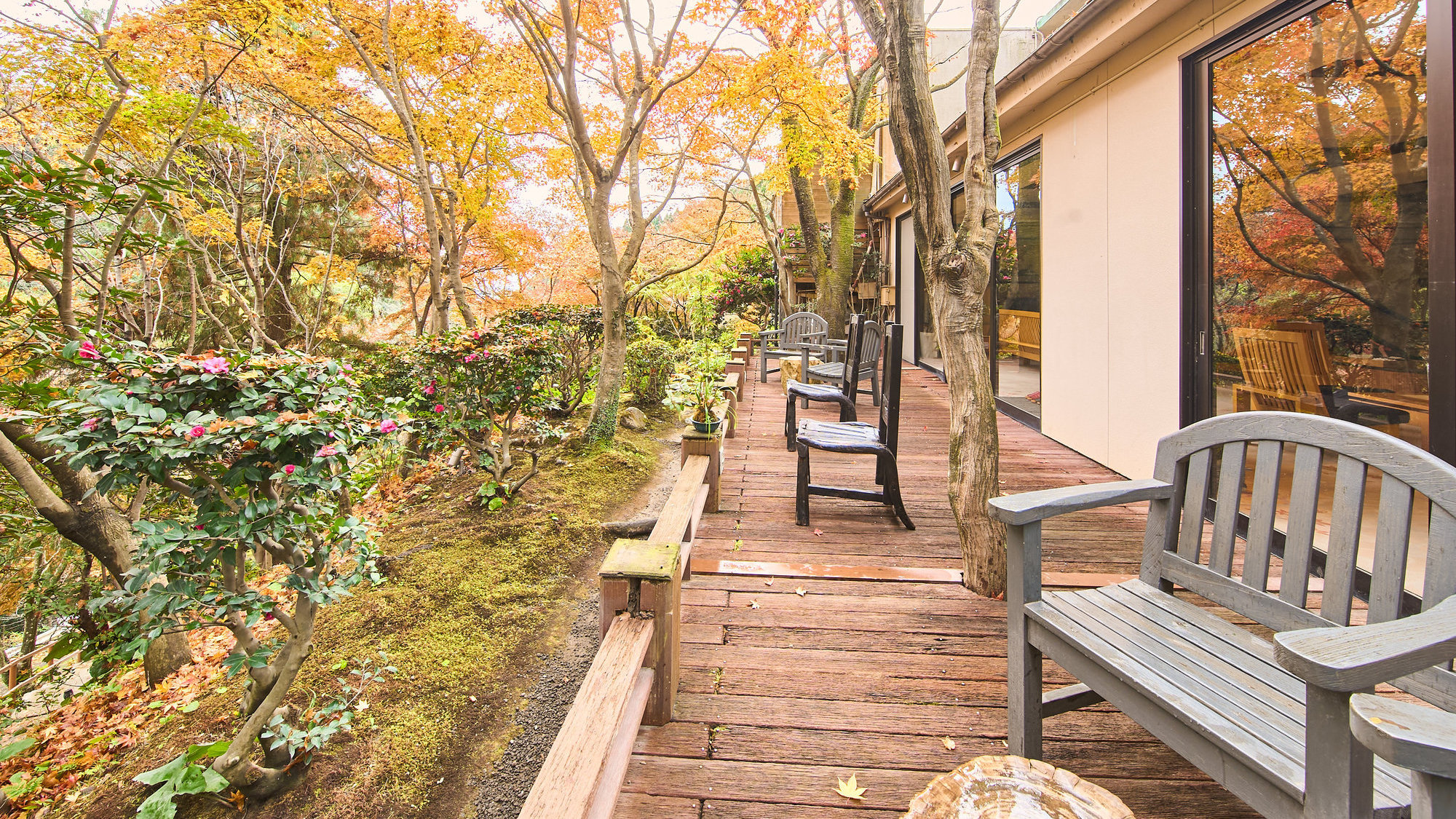 【ウッドデッキテラス】木々のさざめきや川のせせらぎに耳を傾ける。日常の喧騒から解放される優しい時間