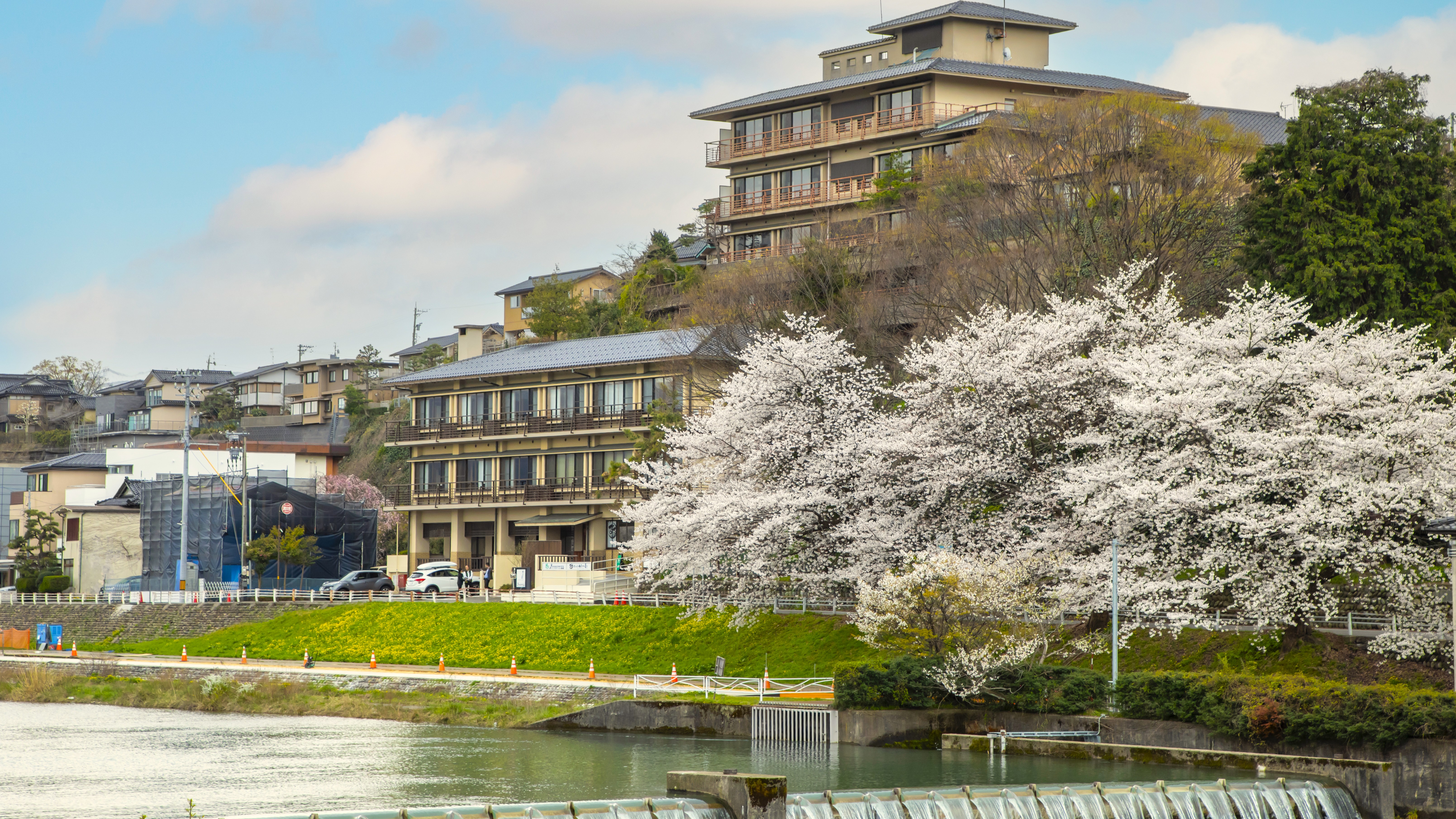 【外観】春の金沢は桜が美しく、3月末から4月上旬にかけて、桜を愛でながら、当館の前を流れる犀川を…