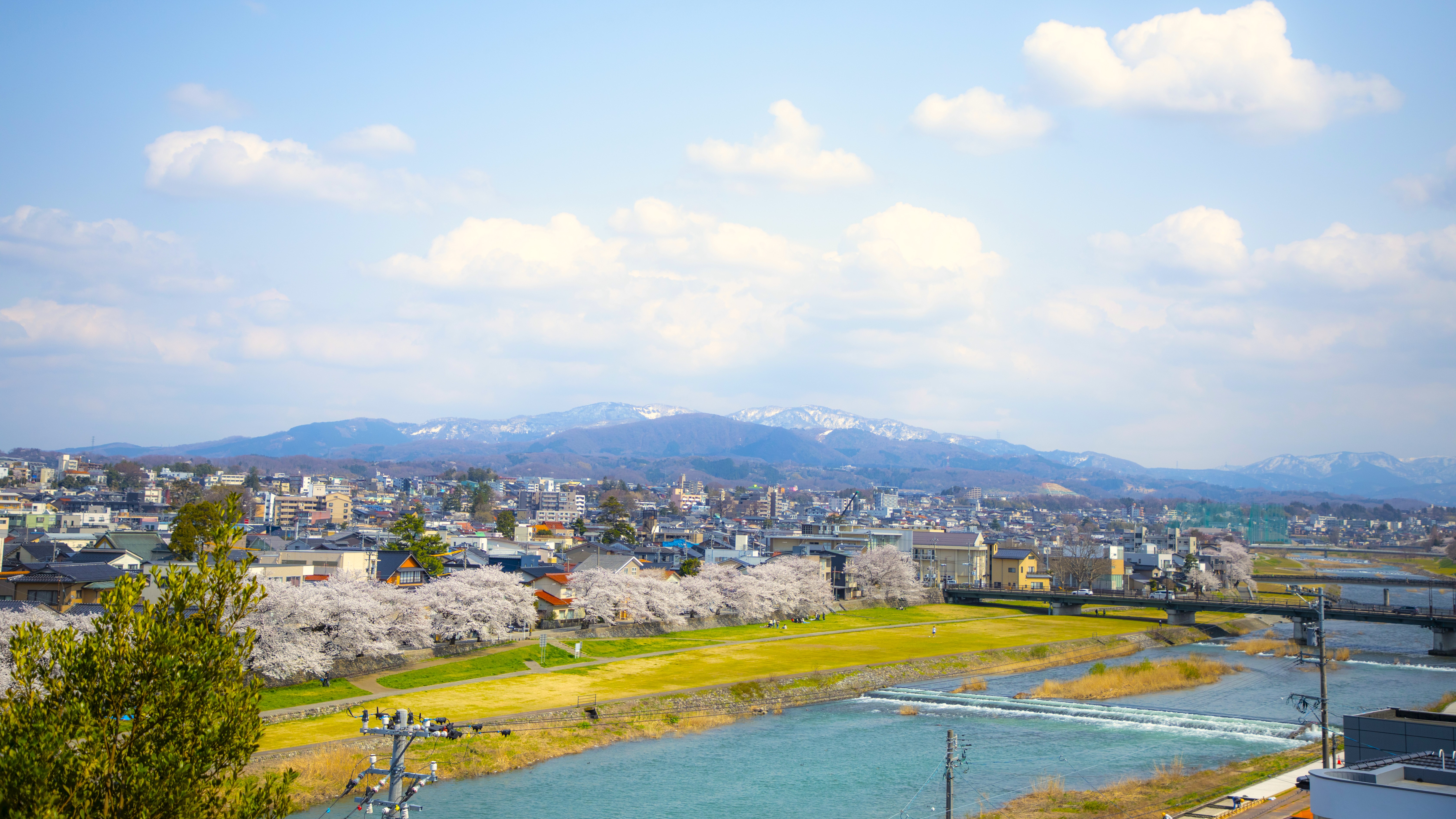 【当館からの風景】金沢の中心を流れる犀川のほとりに佇む旅館。春は満開の桜と犀川を愛でる。