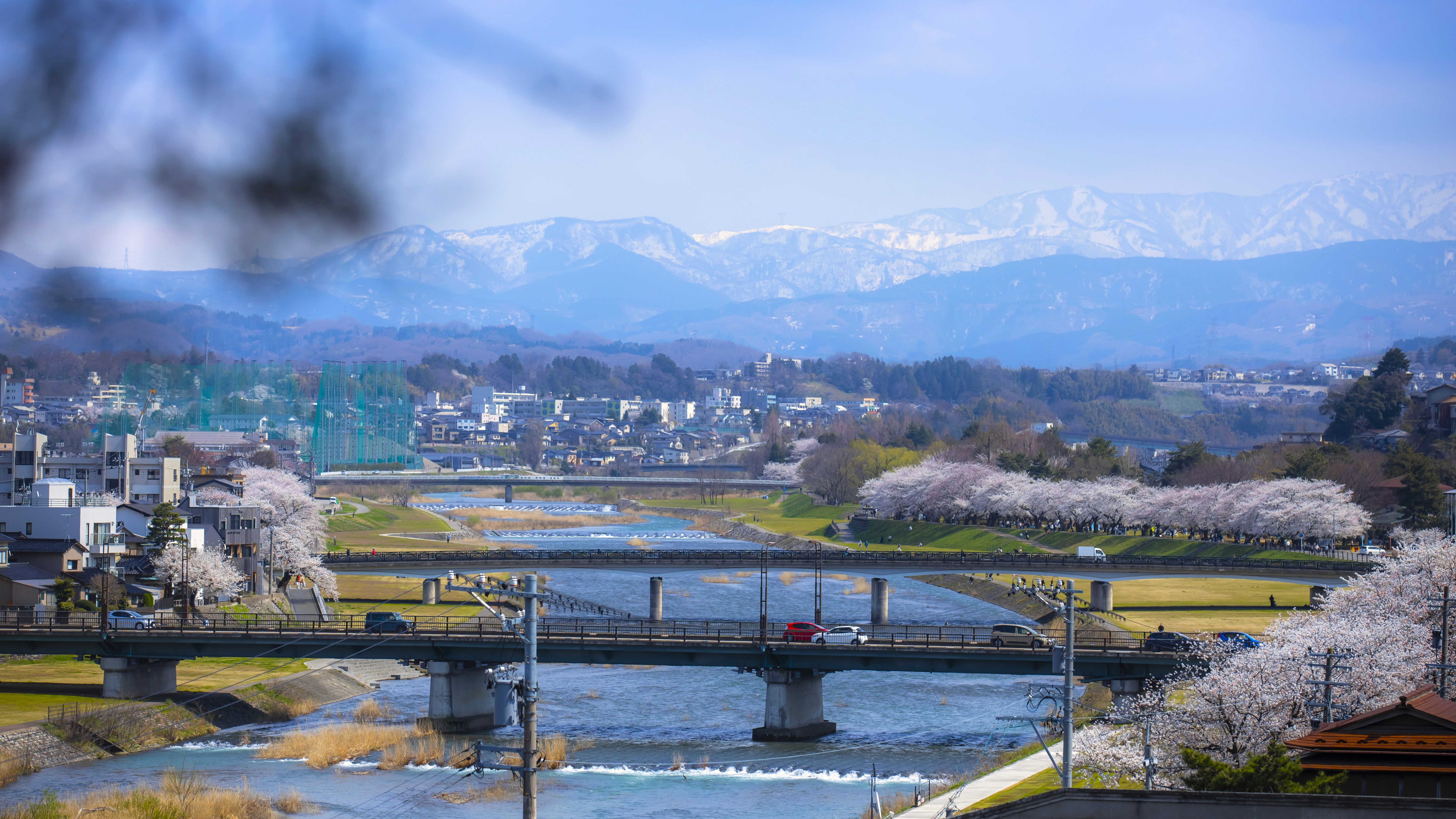 【当館からの風景】金沢の中心を流れる犀川のほとりに佇む旅館。春は満開の桜と犀川を愛でる。