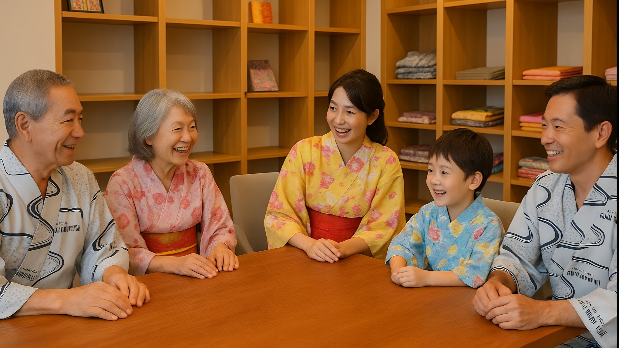 ３世代家族　ロビーで会話
