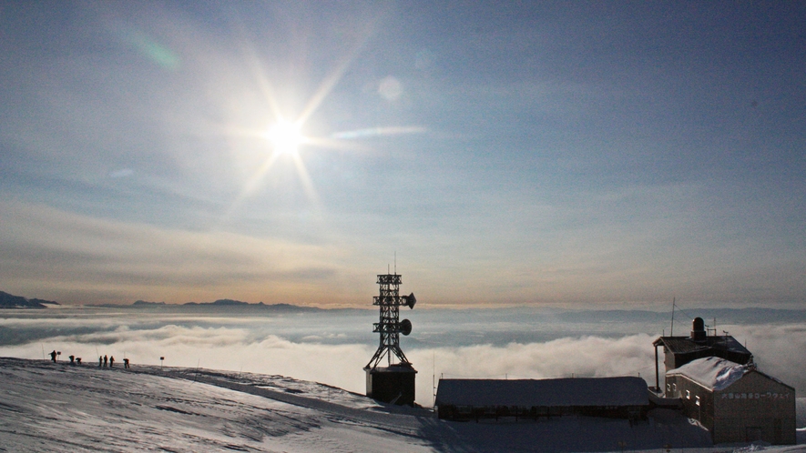 【冬の旭岳】見渡す限りの雲海に太陽の光が降り注ぎ、幻想的な風景が広がります