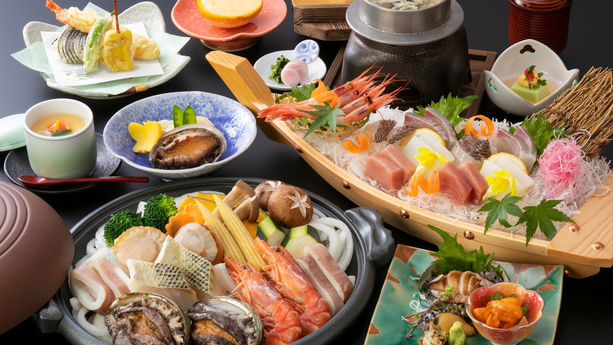 【鮑好き必見】夕日と海幸で贅沢なひと時♪あわび×雲丹×魚介★百花繚乱 鮑づくし会席 [Z006I5]