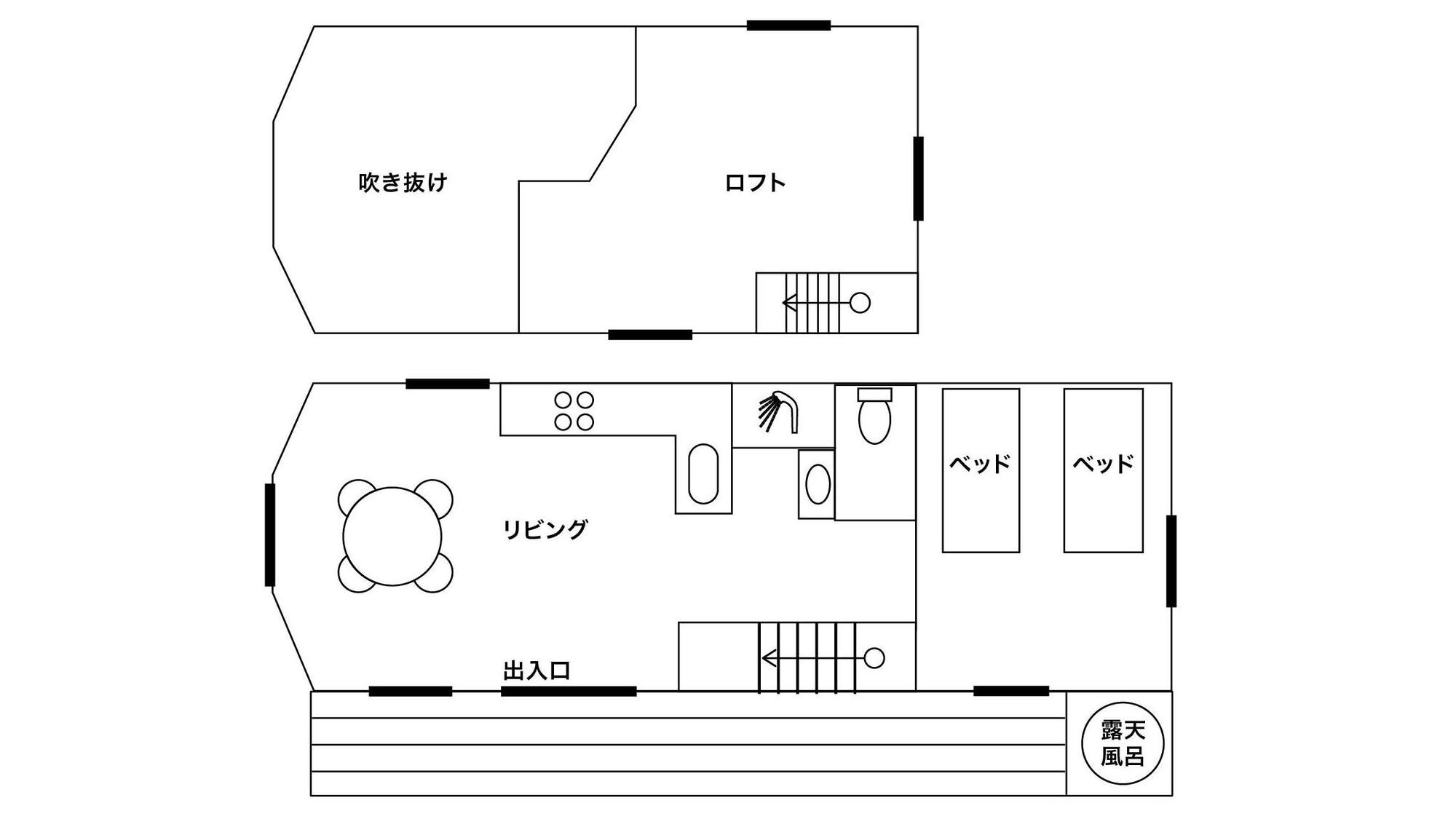 【専用露天風呂付グランピングコテージ】間取り　—6名様まで
