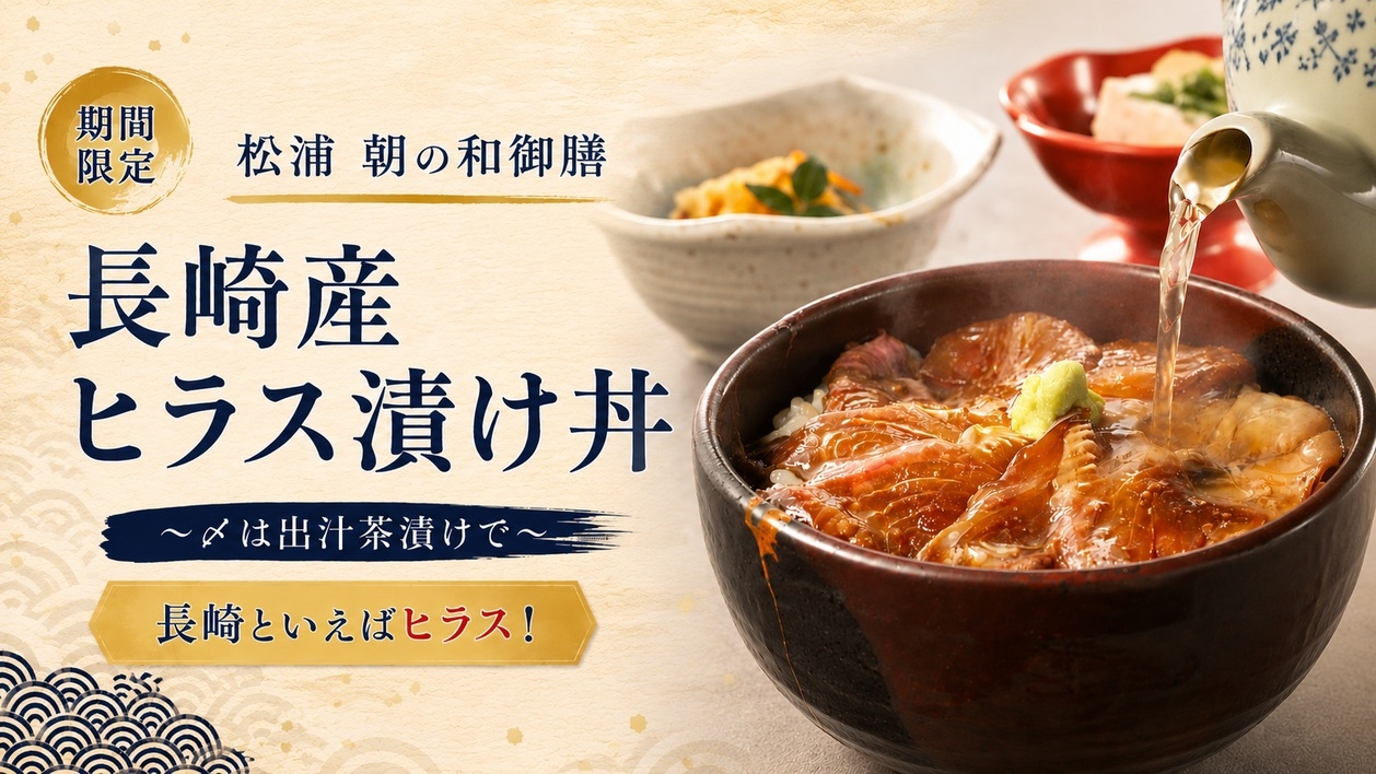 【期間限定】松浦 朝の和御膳「長崎産ヒラス漬け丼」ー〆は出汁茶漬けでー（朝食付きプラン）