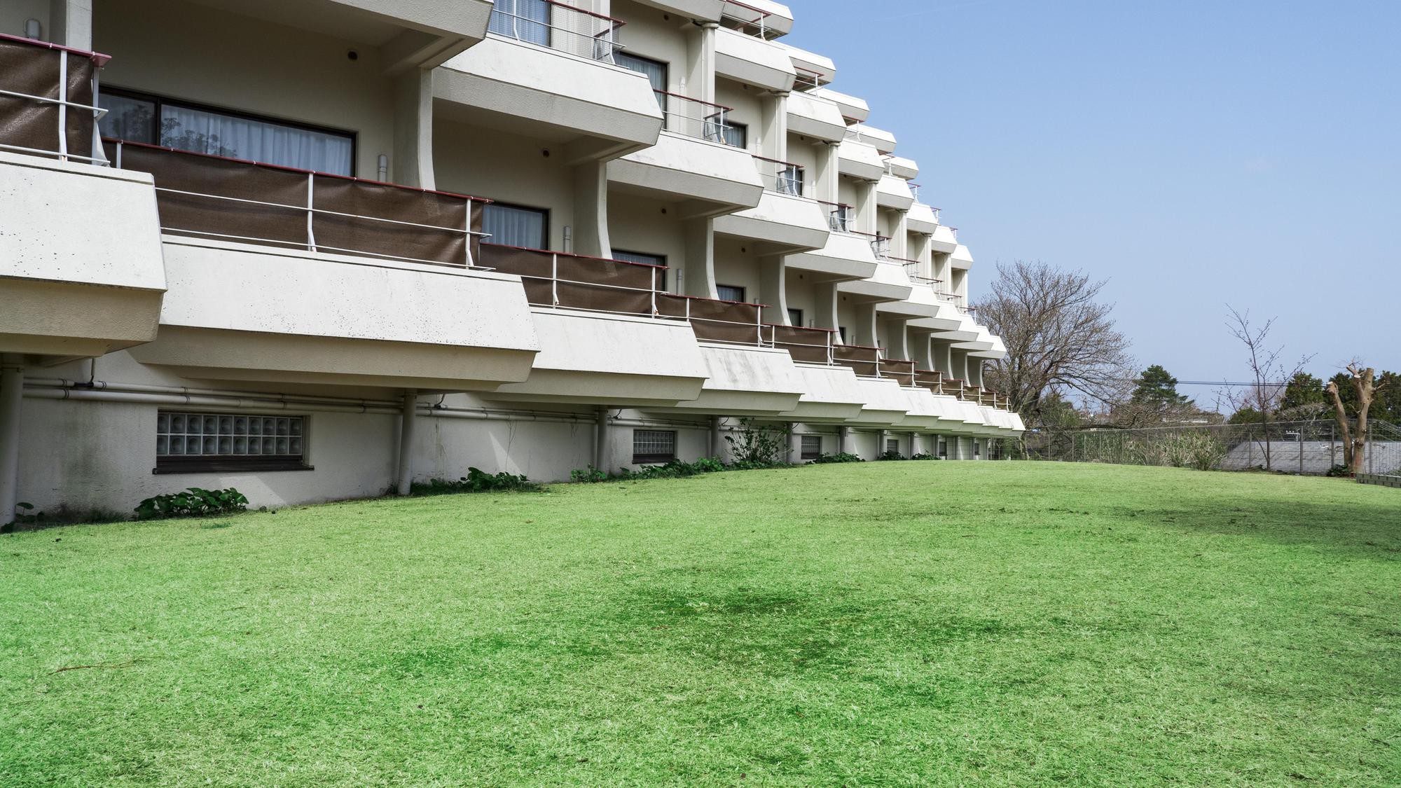 海の見える芝生広場：敷地内にある芝生広場からは、名前の通り太平洋がご覧いただけます。
