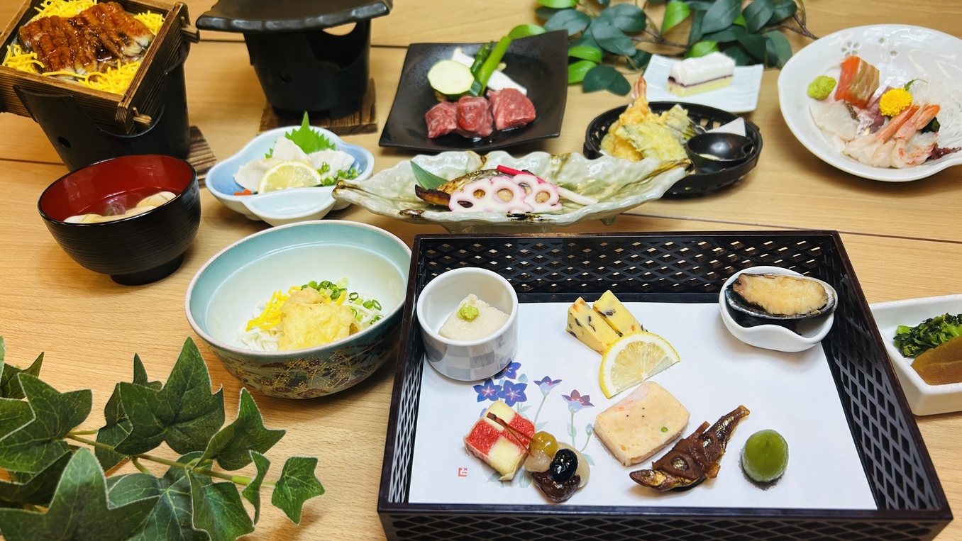 【朝夕付】宮若牛ロース陶板焼きとうなぎの蒸籠蒸コース