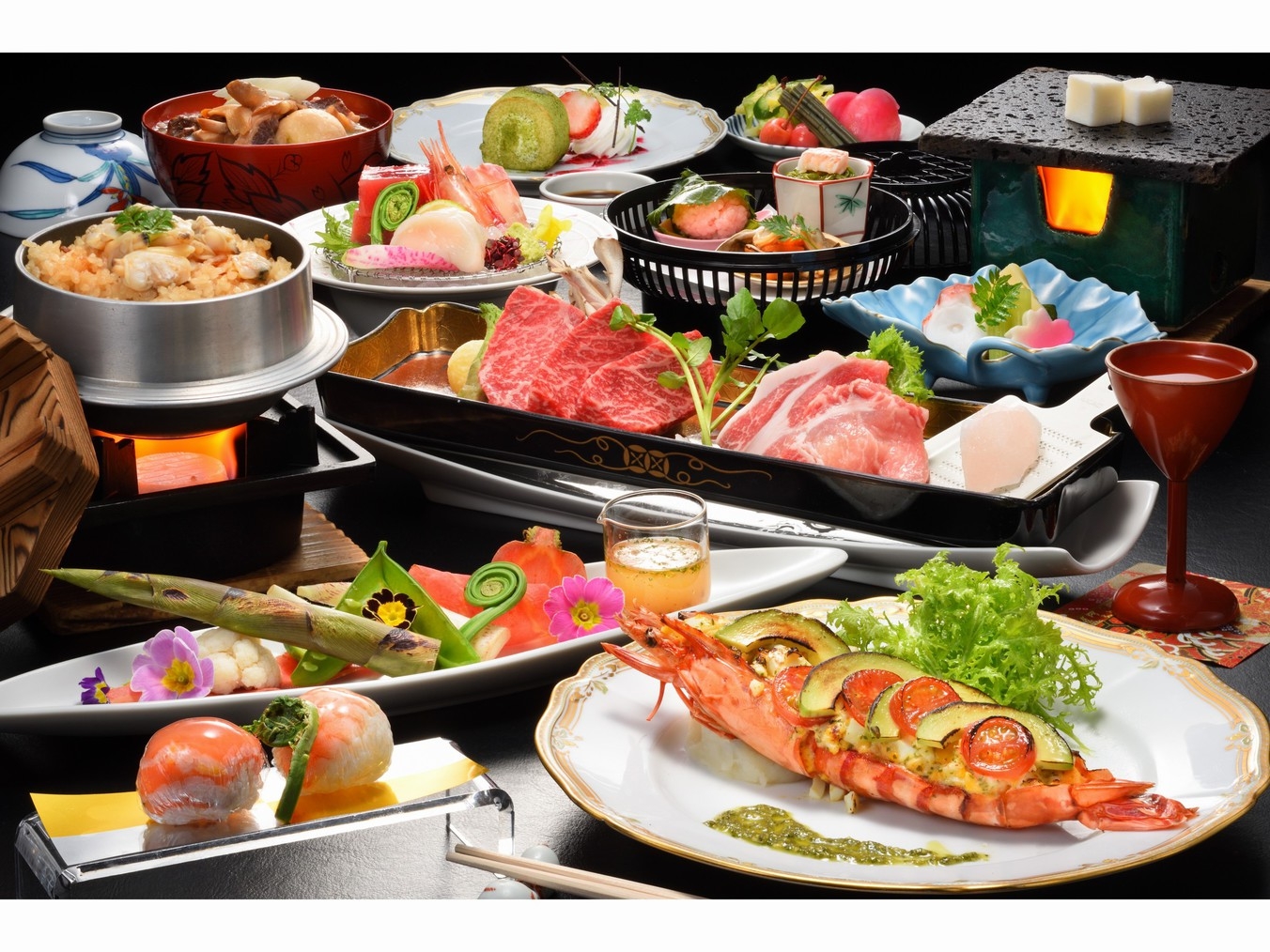 「山形牛と三元豚の陶板焼き」と「海老アボガドグラタン」当館イチオシ幸プラン