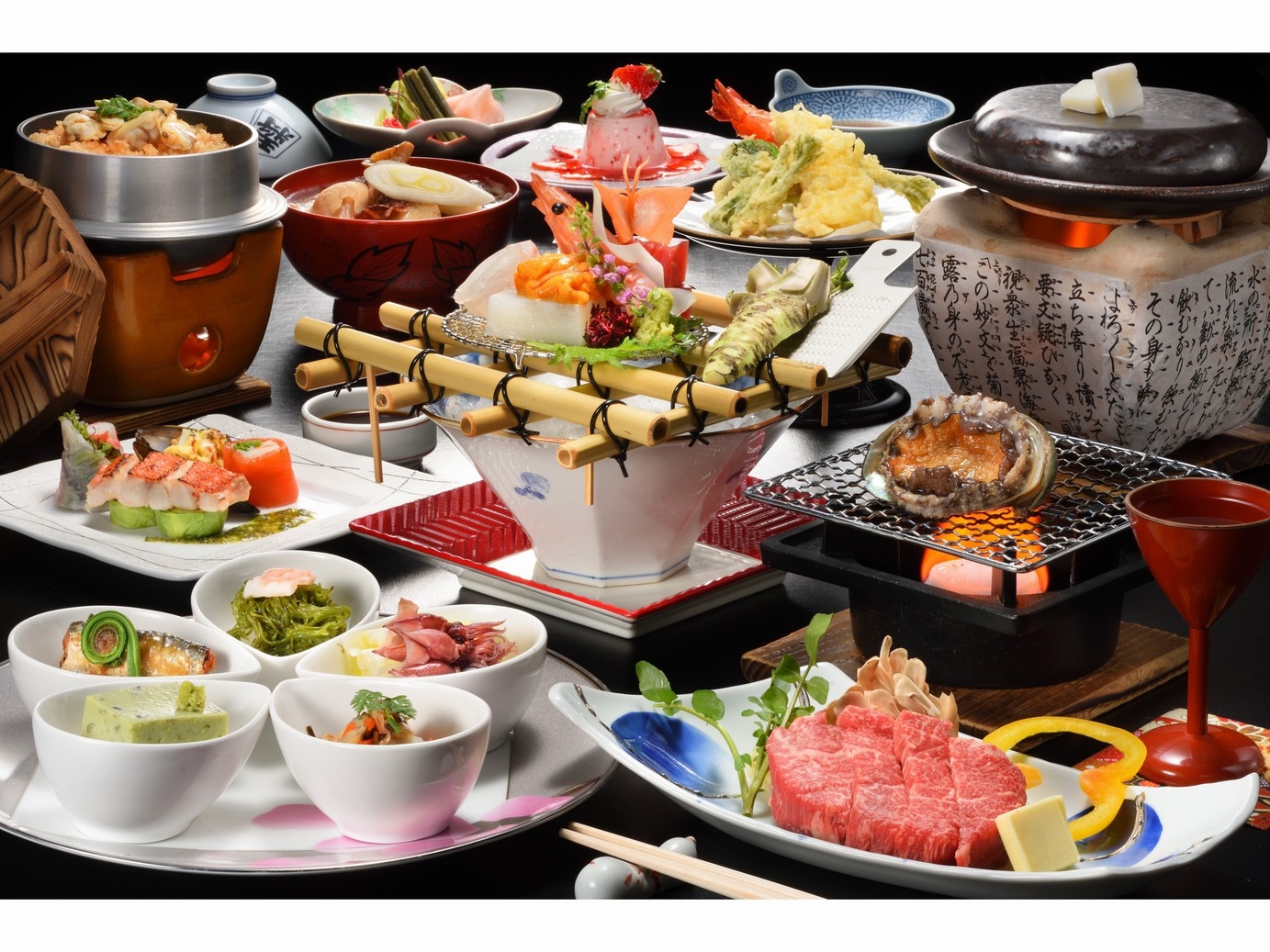 「山形牛のステーキ」と「あわびの蒸し焼き」調理長イチオシ宝（たから）プラン