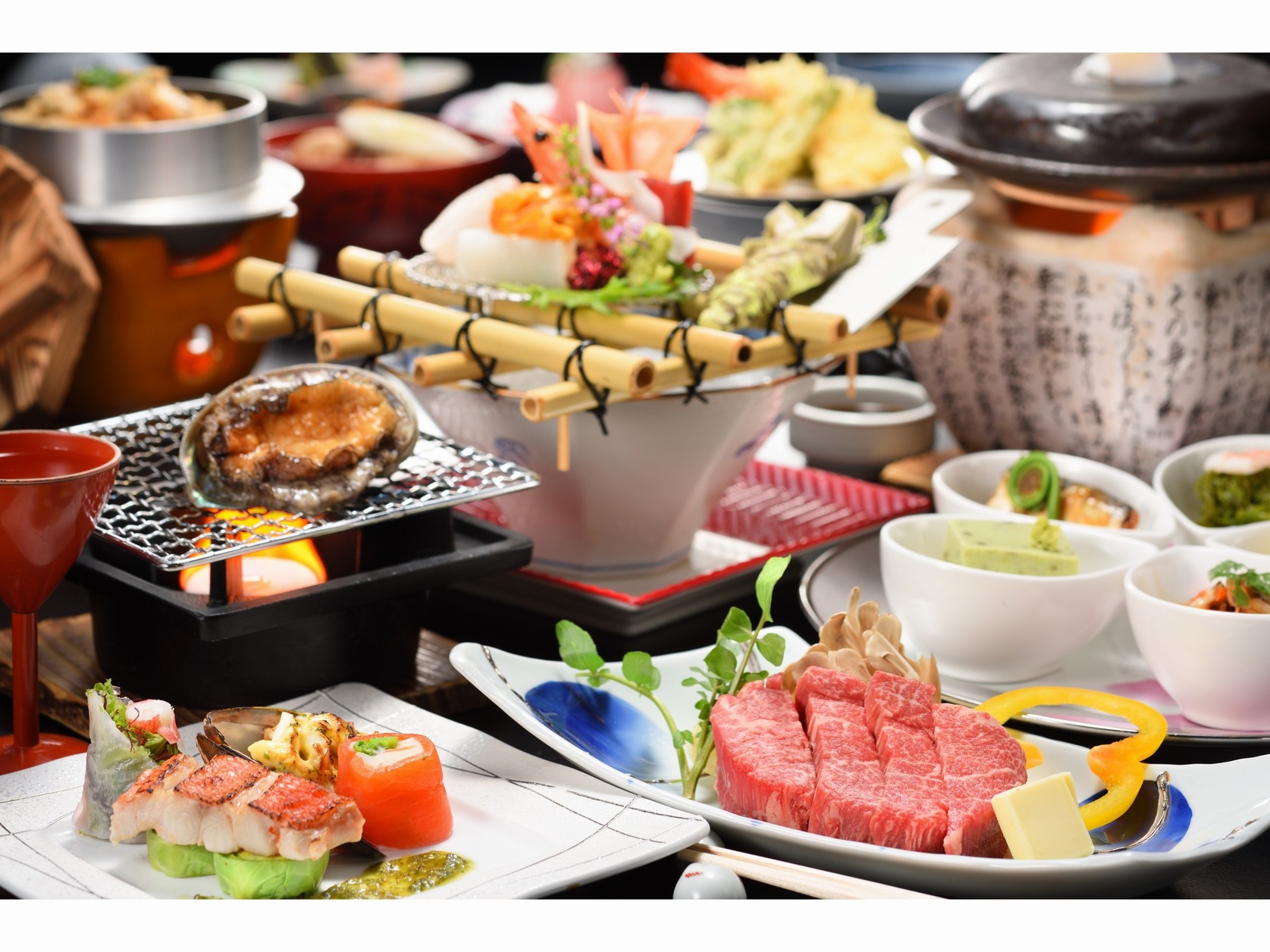 「山形牛のステーキ」と「あわびの蒸し焼き」調理長イチオシ宝（たから）プラン