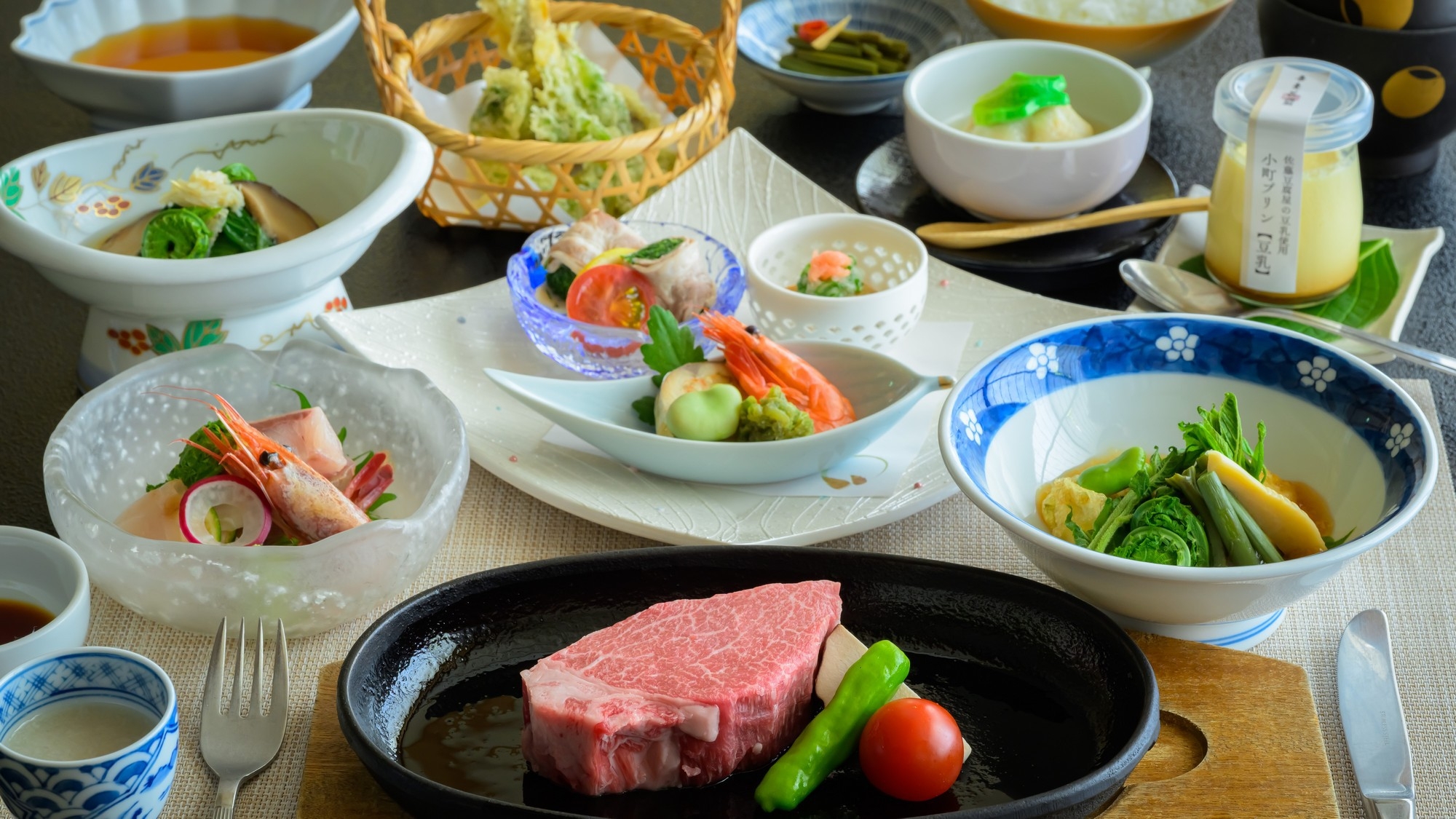 【最上級＜謙信会席＞】究極の米沢牛Ａ５ランクステーキ！貸切風呂無料＆乾杯酒付〇至高の美食と名湯に寛ぐ