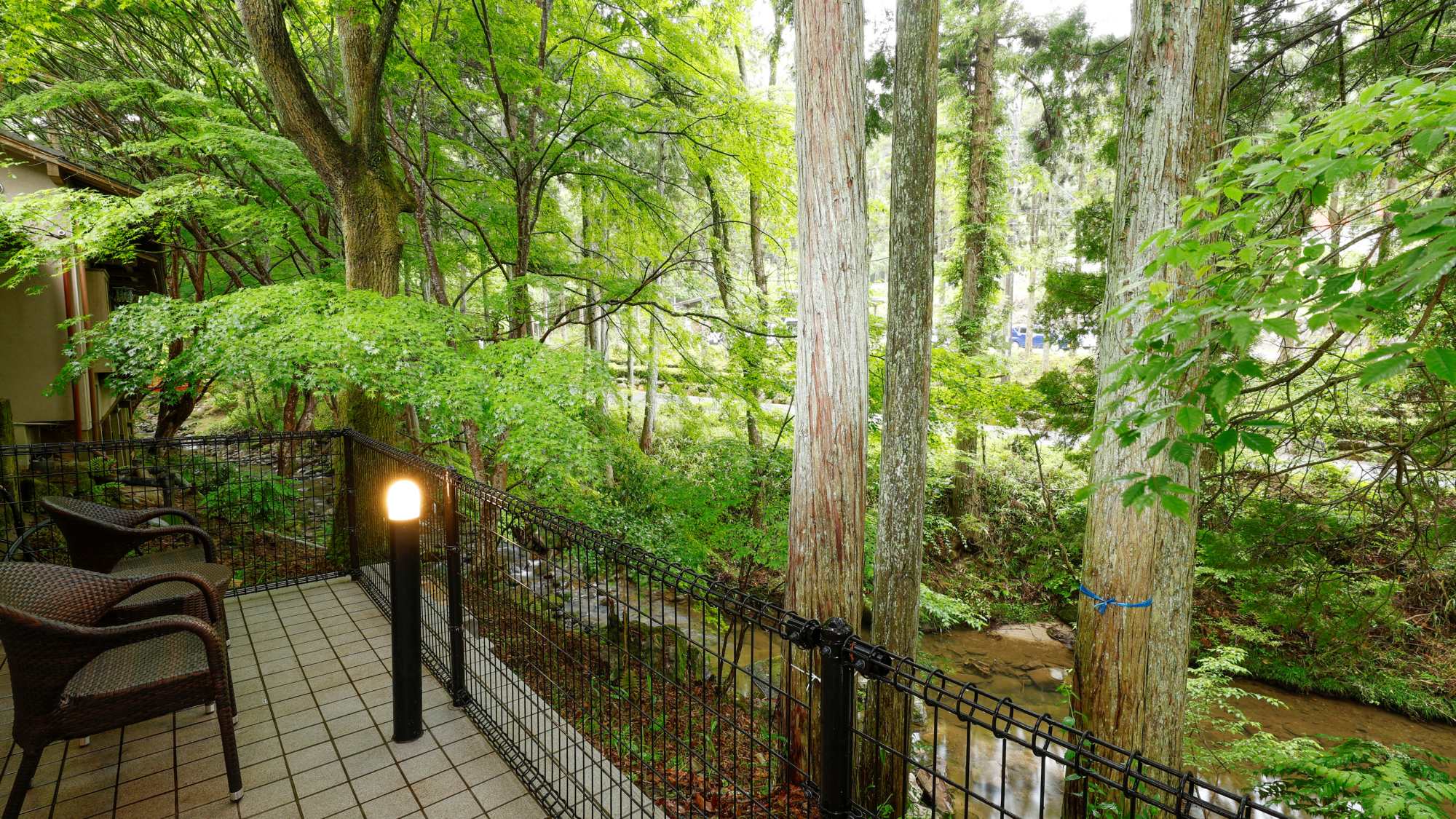 リニューアル西館和室。敷地内を流れる川のせせらぎを楽しむためのテラス付き