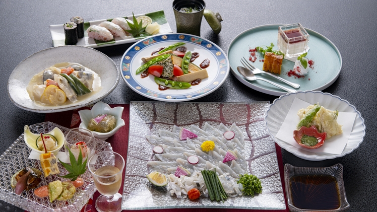 【　夏ふく会席(5〜８月)　】小皿とらふく刺し×ふく香草焼き×ふく寿司