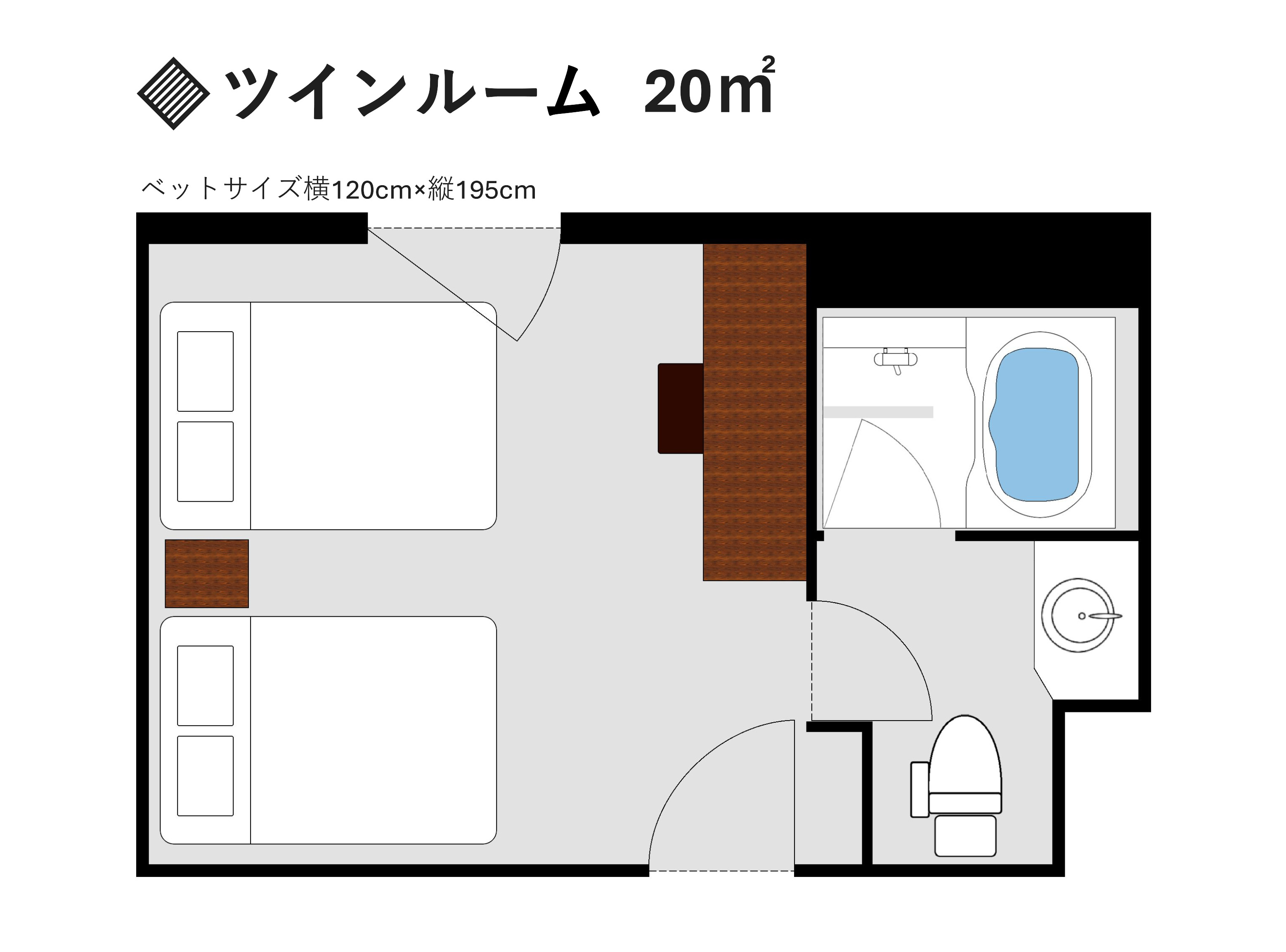 ◆ツインルーム(シモンズ製120cm幅セミダブルベッド&times;2脚、YOUTUBE視聴可43型スマートTV