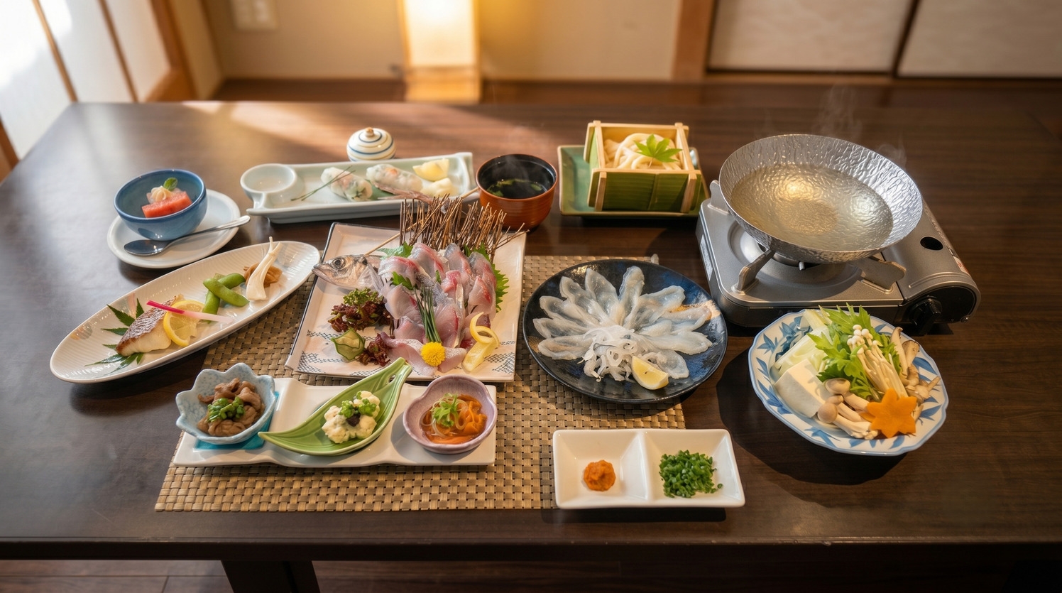 ◆萩産・ふぐの女王のしゃぶしゃぶがメイン◆《館内利用券付》〜天然真ふぐを特製の出汁で♪〜【家族風呂】