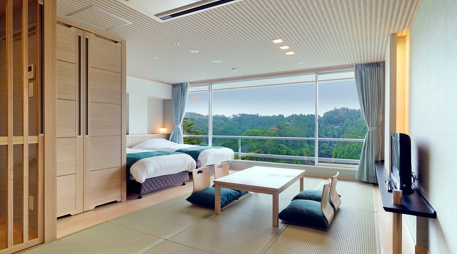 【山側/和洋室】松韻閣 - 2ベッド+畳リビング。趣の異なる2種類の部屋でお寛ぎください。