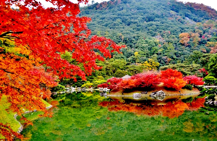 栗林公園　秋　もみじと池と紫雲山