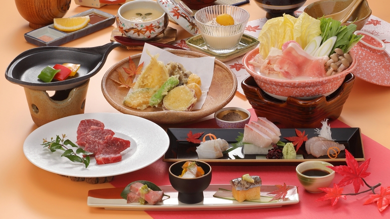 ≪当館1番人気≫白石家のスタンダード逸品料理【秋の花心会席】奥出雲豚と大山鶏豆乳鍋×黒毛和牛ステーキ