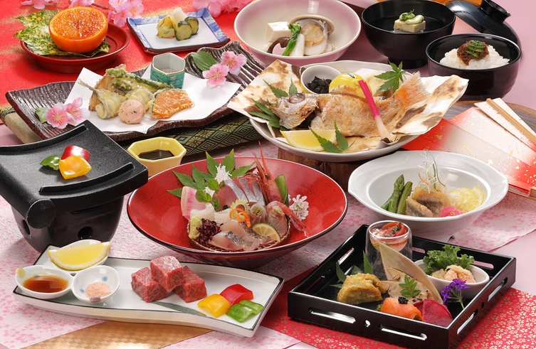 ≪料理長厳選コース≫白石家ワンランク上の特別料理【春の花舞会席】日本海鮮魚厳選4種×島根和牛ステーキ