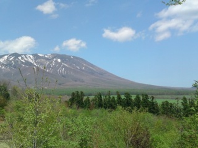 館内から望む新緑の南部富士「岩手山」の勇姿（春）