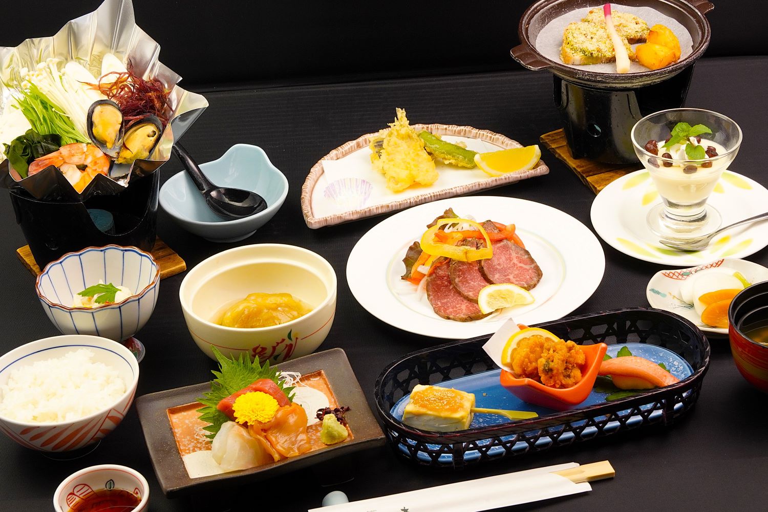 【創作膳コース(６月イメージ)】県産ローストビーフサラダや海鮮磯鍋、等々★