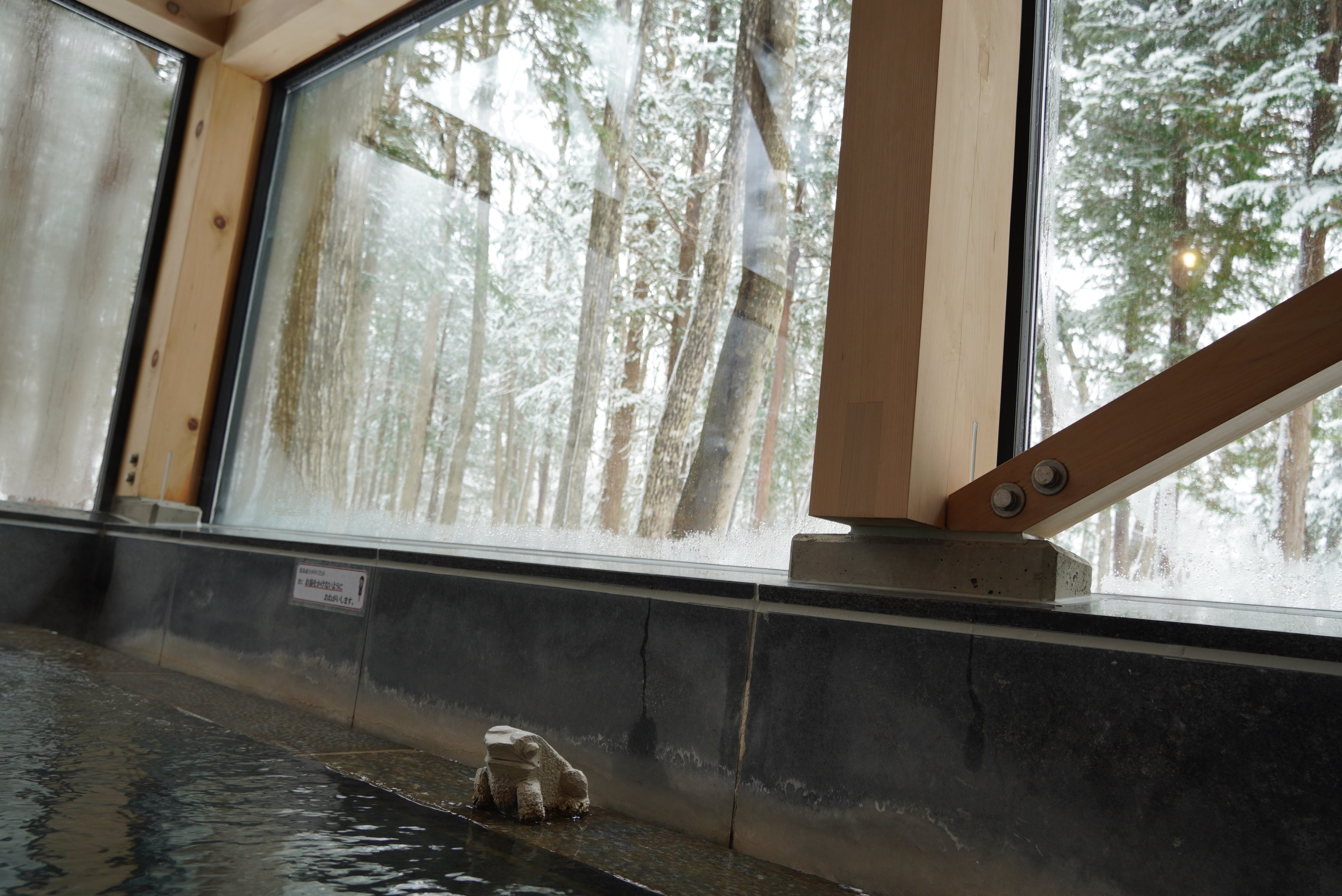 温泉棟森の湯＜岩風呂【天ヶ森の湯】＞大きな窓が解放感抜群！かえるさんと雪見風呂をお楽しみください♪