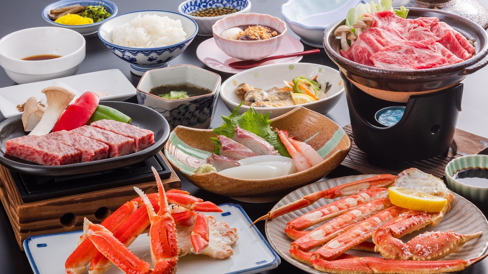人気NO.2日本海のお刺身３種・但馬牛すき焼き鍋＆和牛ステーキと焼きガニ＆茹でガニP