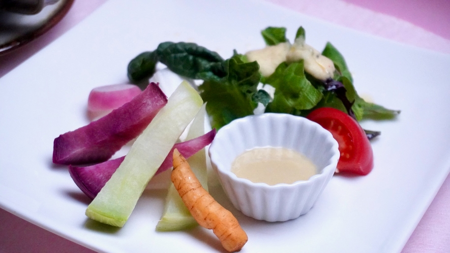 野菜をたっぷり使ったサラダと前菜盛り合わせ。野菜がとにかく美味しいですよ！