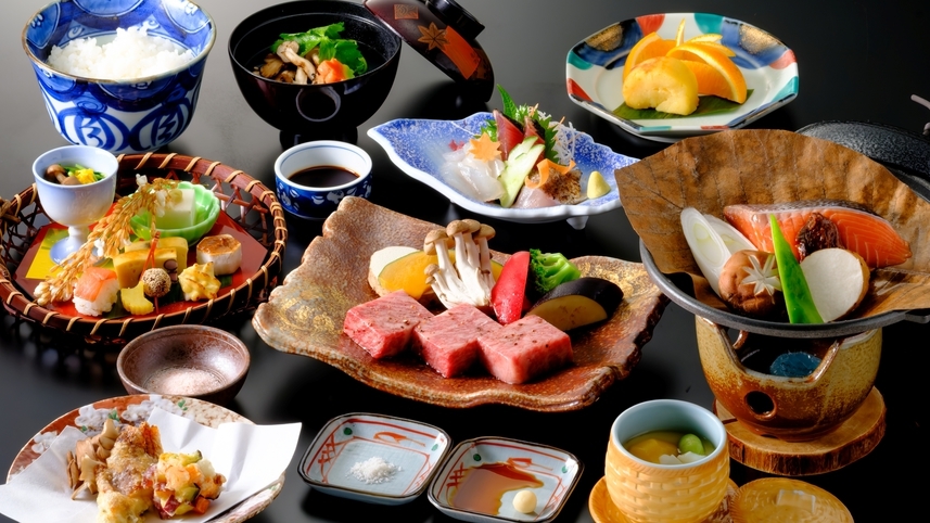 【黒毛和牛ステーキ付●秋のB会席】グレードアップ！A5ランク黒毛和牛をお好みの焼き加減で＜2食付＞