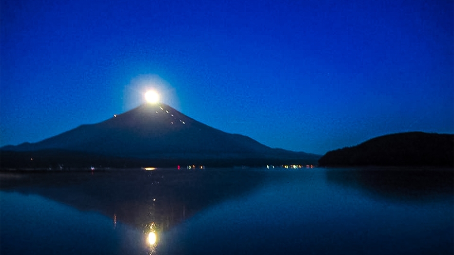 ・パール富士：真珠を連想させる満月が、富士山の山頂にかかった状態です