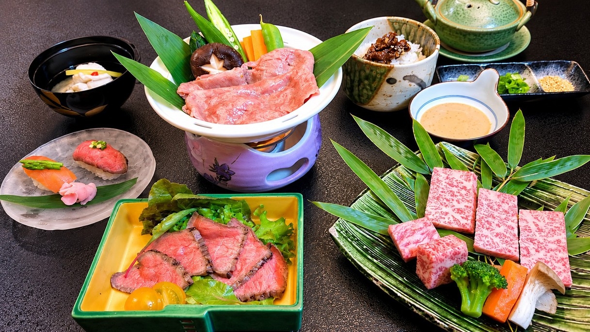 【飛騨牛極めるB】逸品勢揃い「A5飛騨牛と飛騨野菜蒸し」「握り寿司」「ロース陶板焼」「ひつまぶし風」
