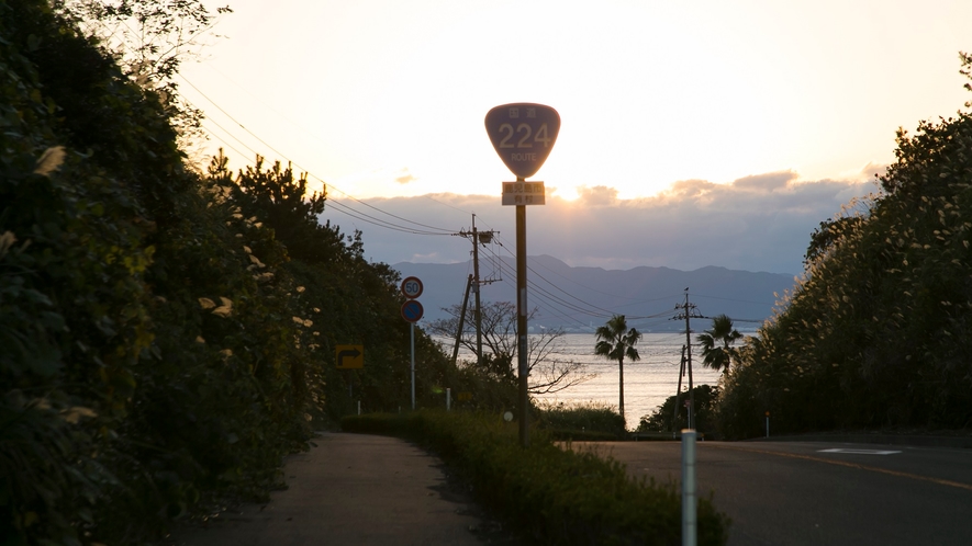 ☆国道224｜この坂を下ると当館が見えてまいります。錦江湾に面したロケーションは自慢の景色です。