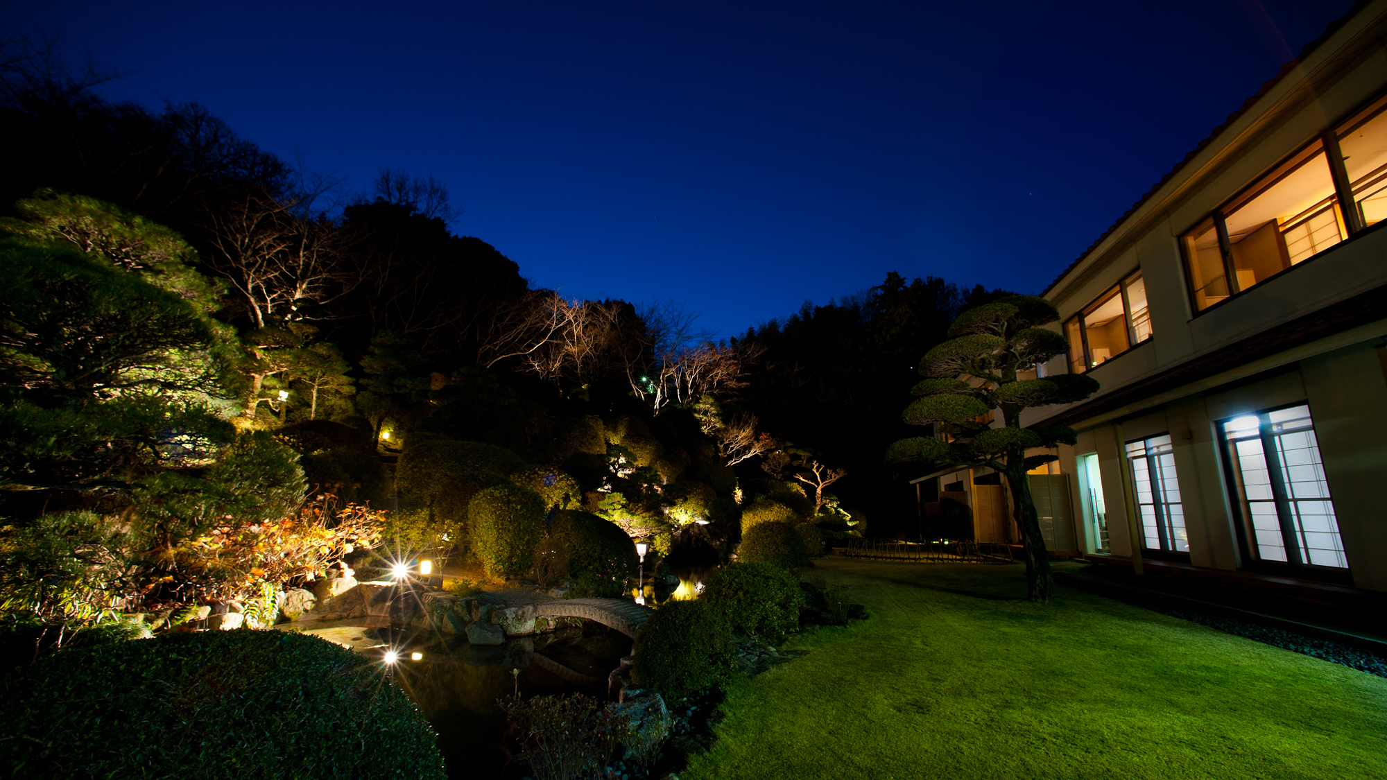 ライトアップされた夜の庭園
