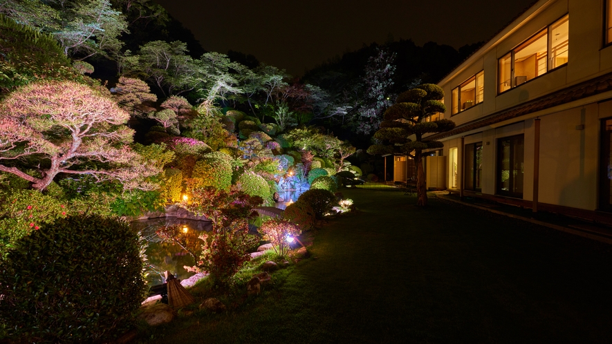  毎晩催される庭園を彩る光のリュージョン。