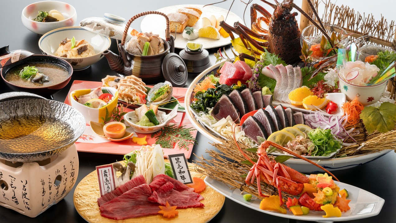 【旬彩物語／秋麗コース】地物伊勢海老の姿造り、土佐あかうしと黒毛和牛の食べ比べをしゃぶしゃぶで堪能