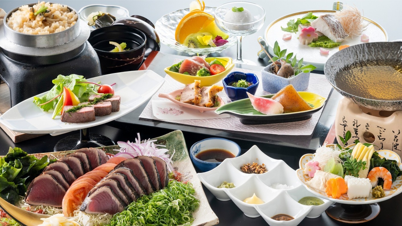 【旬彩物語／春風コース】初鰹の藁焼きタタキ7種味比べ！乙女鯛天日塩蒸しに和牛ローストなど土佐を堪能