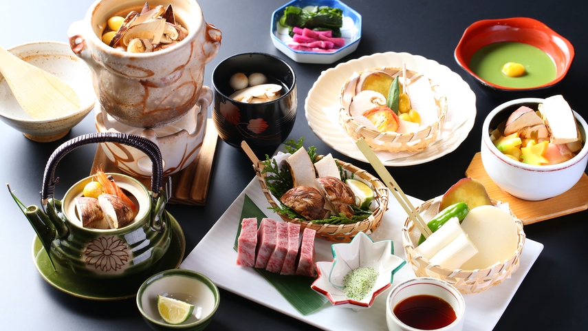 【2025年秋限定】基本コース　国産松茸料理と飛騨牛炭火焼き　栗きんとん＆抹茶の特典付