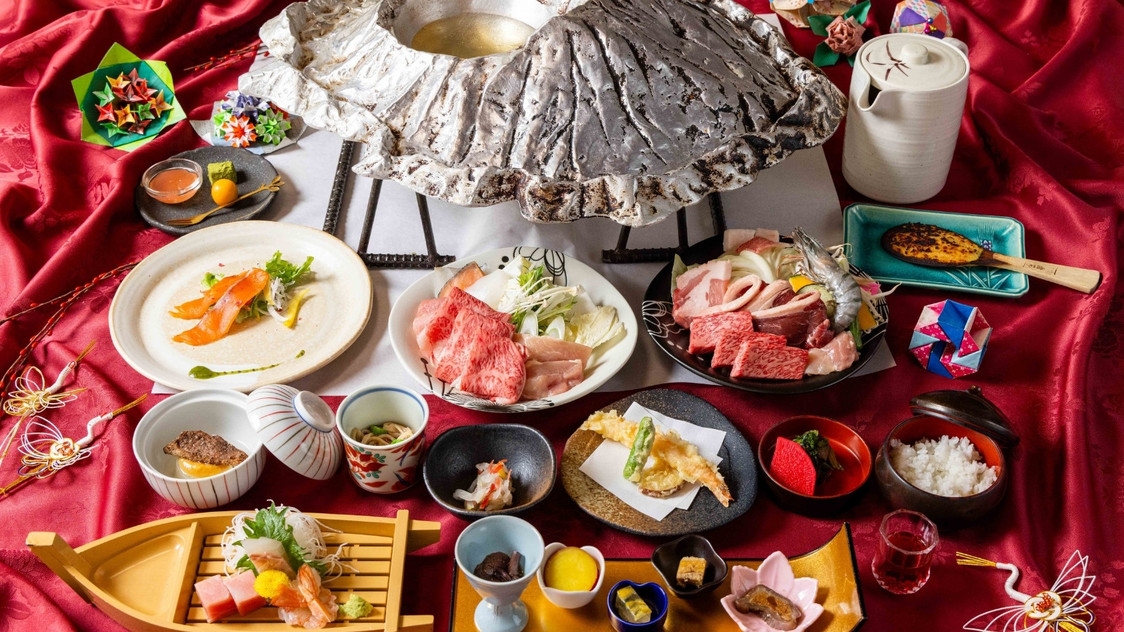 【山・海の幸を堪能/食事処】米沢牛・山形牛・海の幸を堪能♪山海料理　十代辻屋鍋プラン＜貸切風呂無料＞
