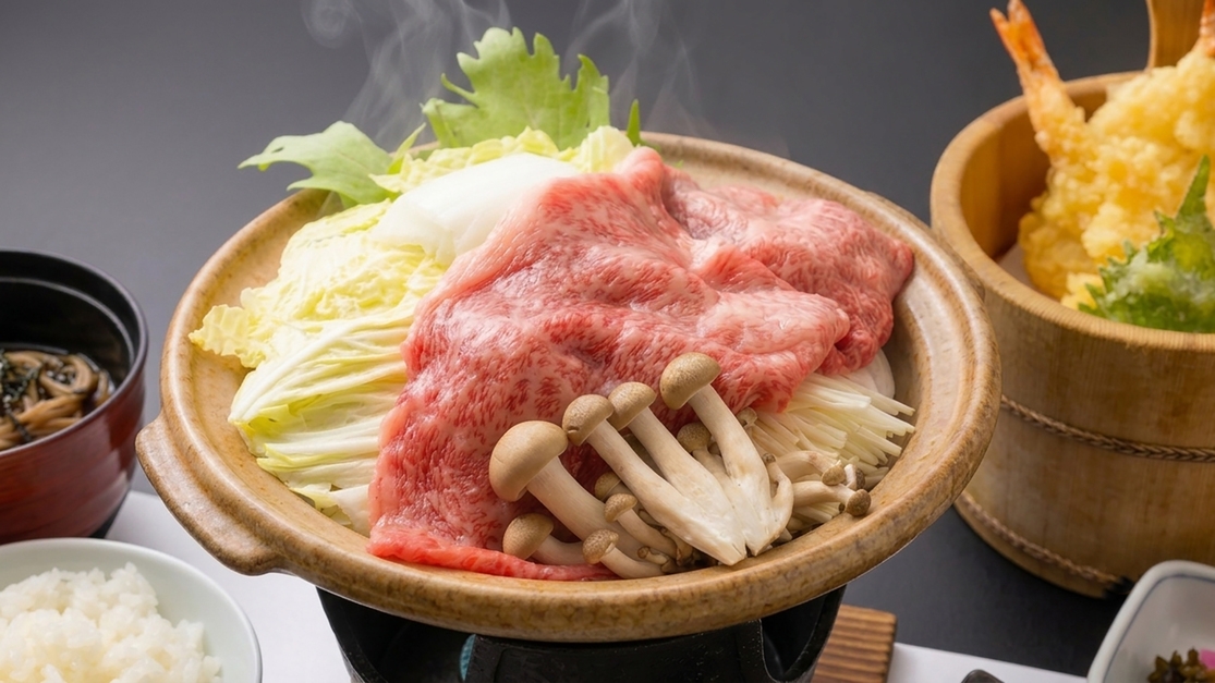 【飛騨牛すき焼き】夕朝食つき｜A3等級の飛騨牛をすき焼きでお愉しみください【駐車場無料】