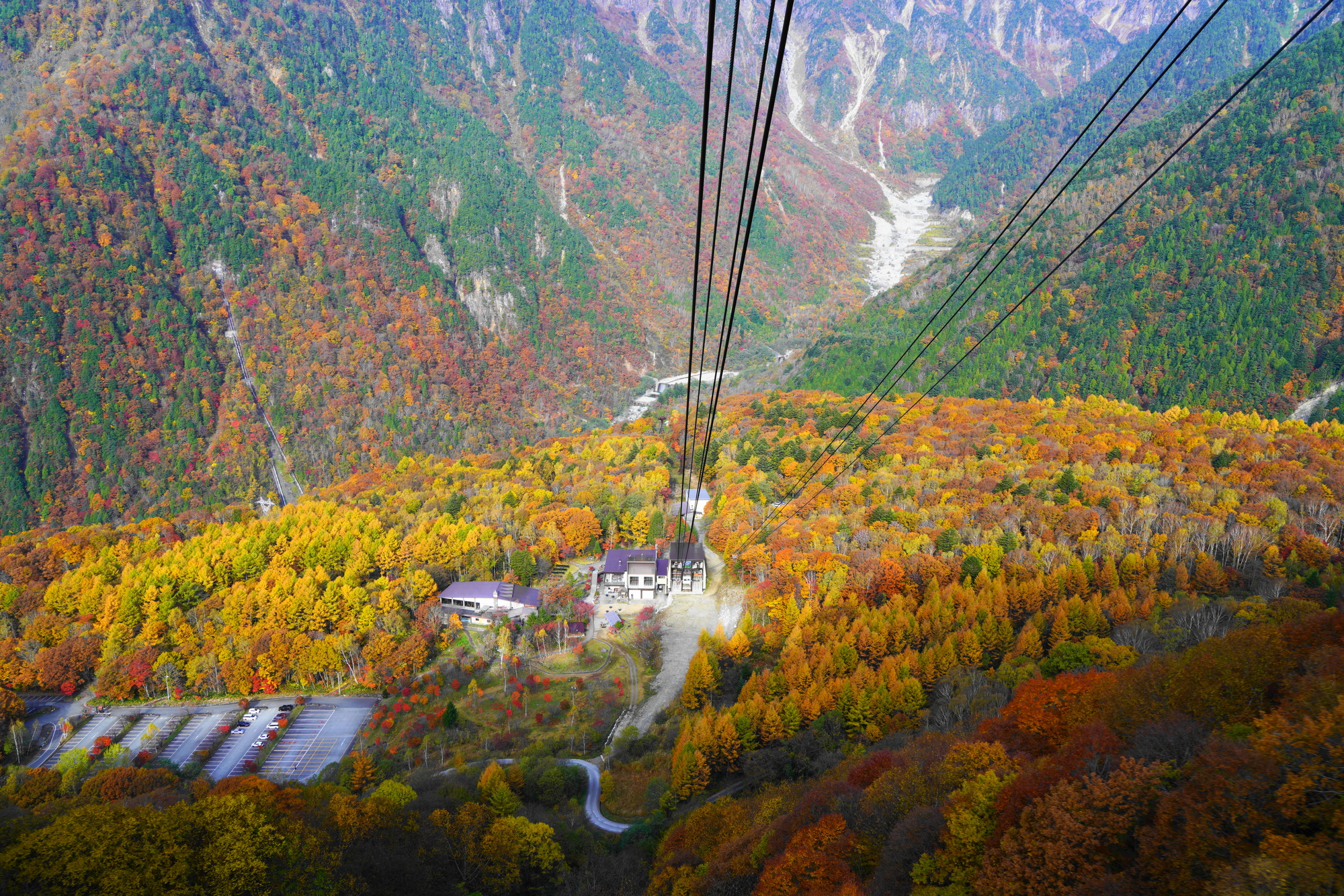 新穂高ロープウェイから紅葉した鍋平高原としらかば平駅