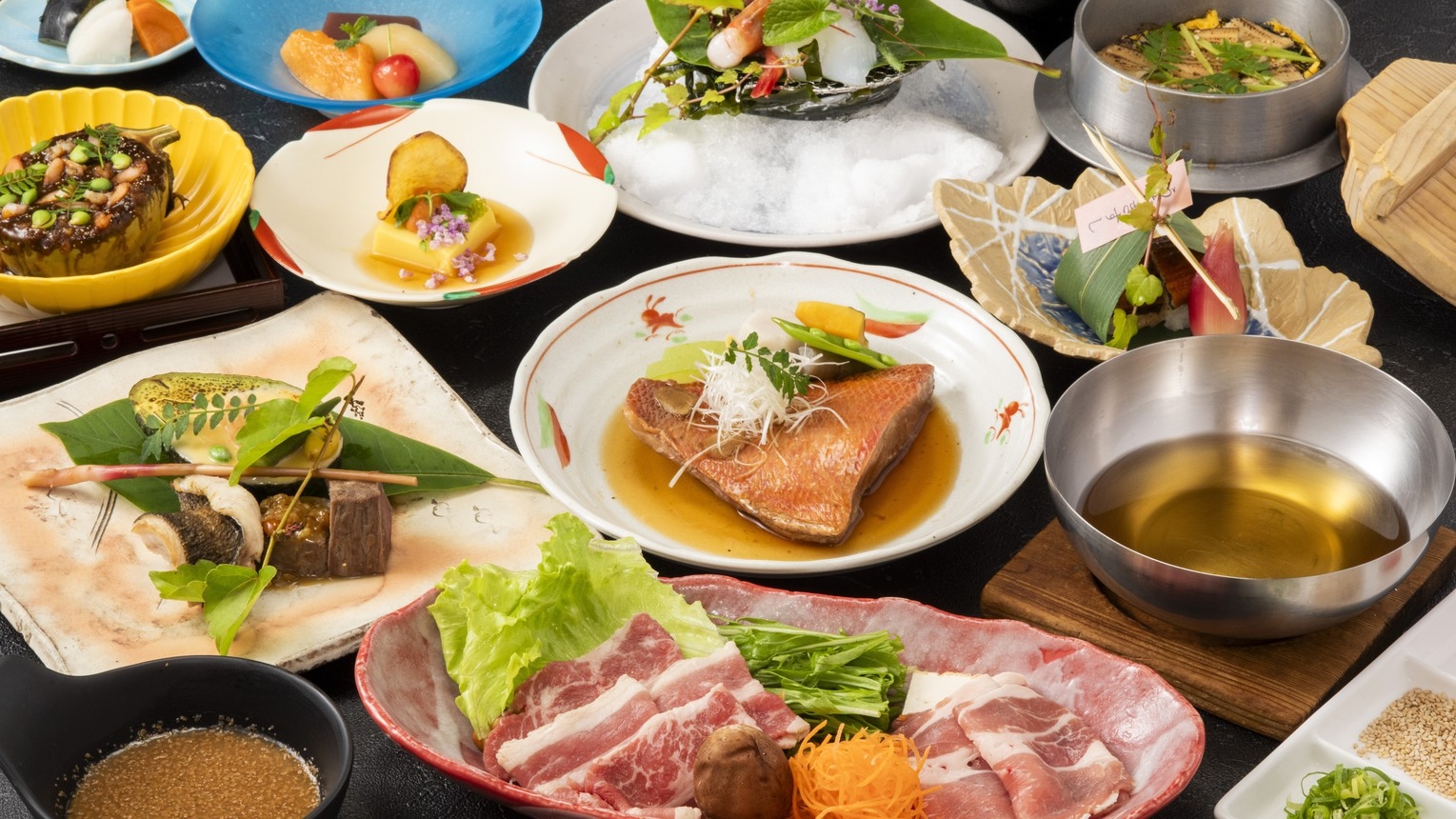 【海幸コラボ 11品】海山里！牛豚二種しゃぶ×金目鯛煮つけ×季節の創作野菜と炊き込みご飯