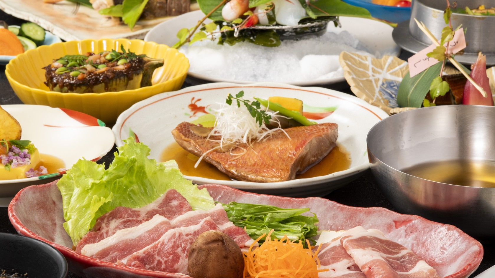 【海幸コラボ 11品】海山里！牛豚二種しゃぶ×金目鯛煮つけ×季節の創作野菜と炊き込みご飯