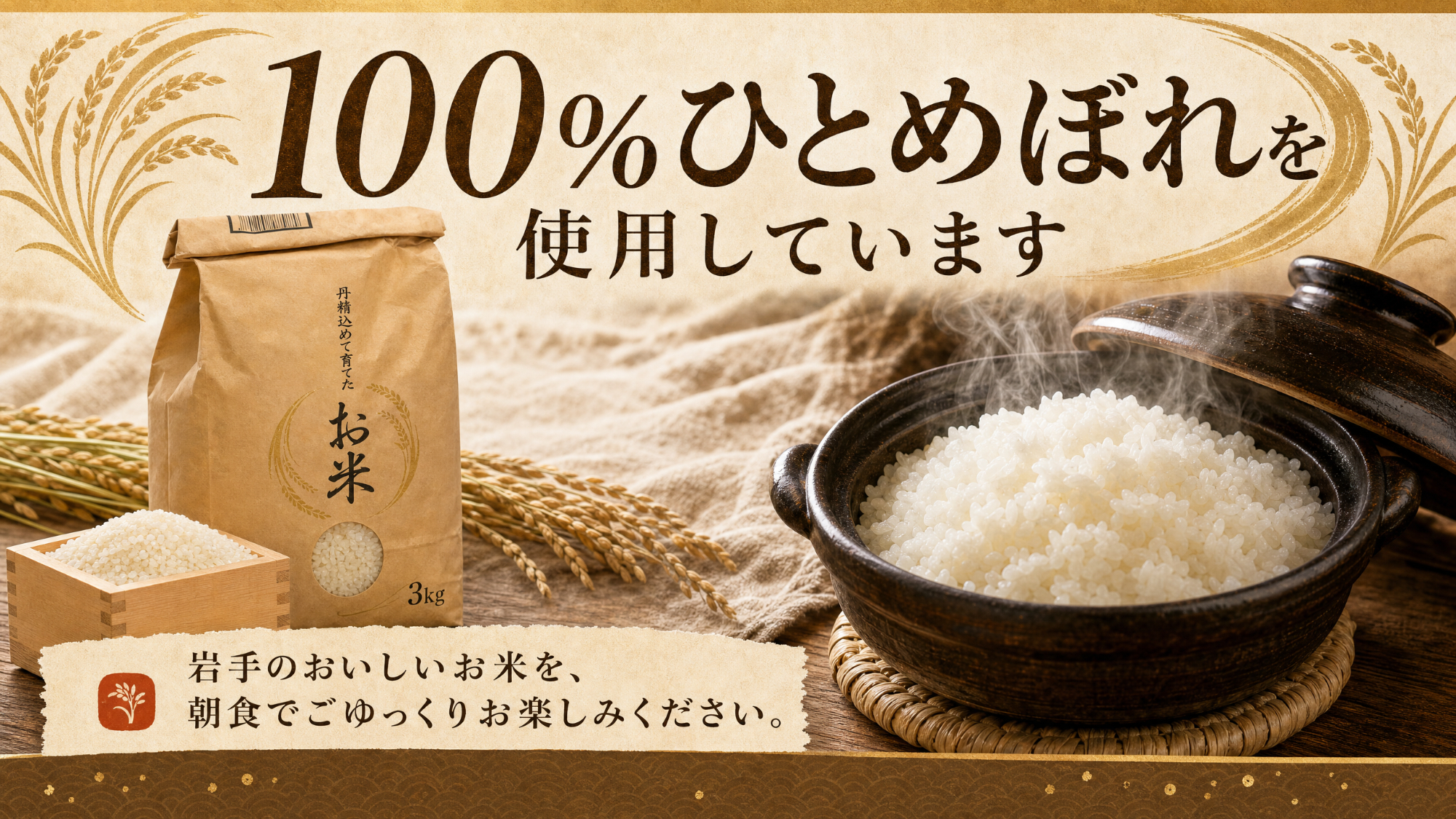 岩手の大地が育んだ「ひとめぼれ」。炊きたて熱々の美味しさを、朝一番にどうぞ。 
