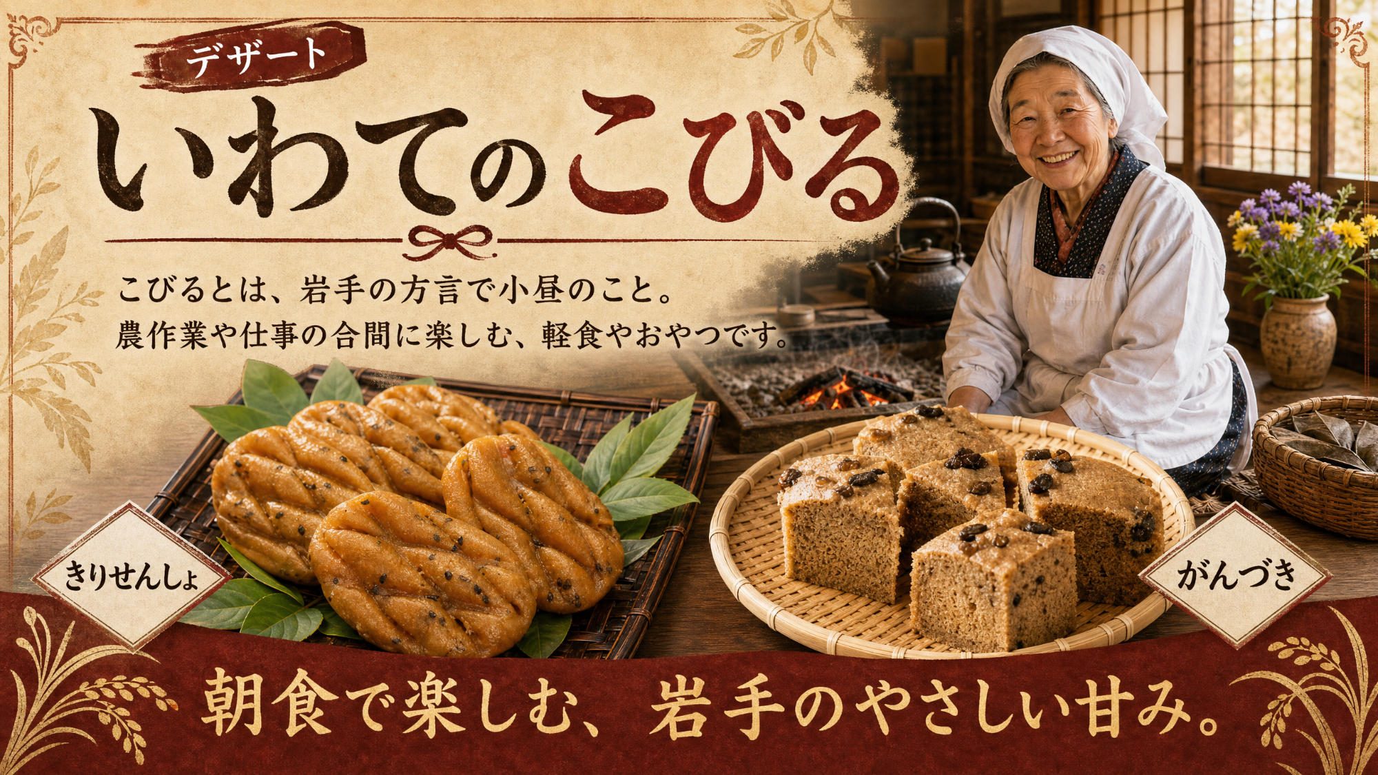 岩手の方言で「小昼」＝おやつのこと。素朴な甘さの「こびる」で、ちょっと一息。 