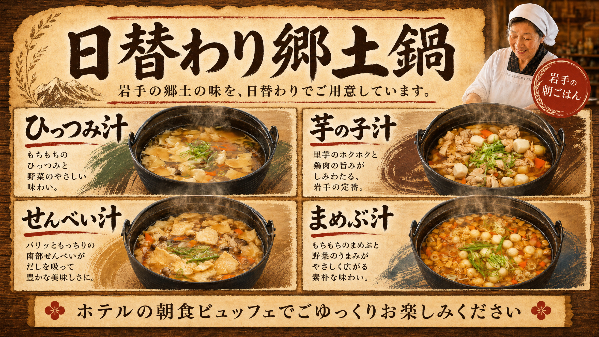 岩手の豊かな郷土料理を日替わりで。心も体も温まる、手作りの味をお楽しみください。